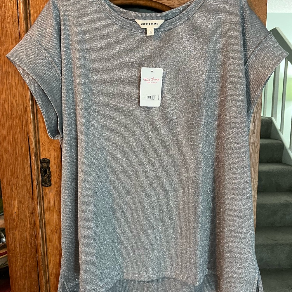 Lucky Brand Women's Heathered Silver Short Sleeve Top